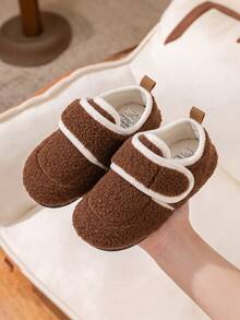 1 Pair Infant Toddler Autumn/Winter Warm Fashion Slippers, Padded Collar No Friction, Hook And Loop Adjustable, Flexible Non-Slip Sole, Comfortable For Baby Crawling On Floors, Casual Slippers For Home, Indoor And Outdoor Wear - Brown - View 1