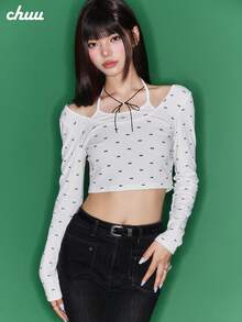 CHUU 女款假兩件拼接長袖T恤，秋季蝴蝶結印花掛脖繫帶上衣 - 白色 - 查看 4