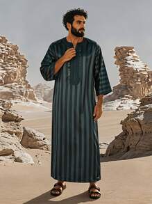 Disqoir Men's Embroidered Arabian Youth Abaya Robe, Casual Loose Fitting Green Robe - Dark Green - View 1