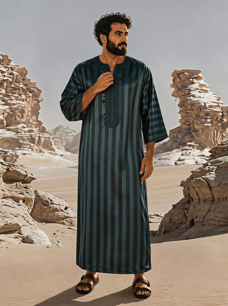 Disqoir Men's Embroidered Arabian Youth Abaya Robe, Casual Loose Fitting Green Robe - Dark Green - View 1