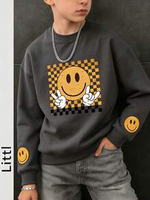 Boys Smile Face Checkerboard Graphic Crew Neck Sweatshirt, Casual Loose Pullover - Dark Grey - View 2