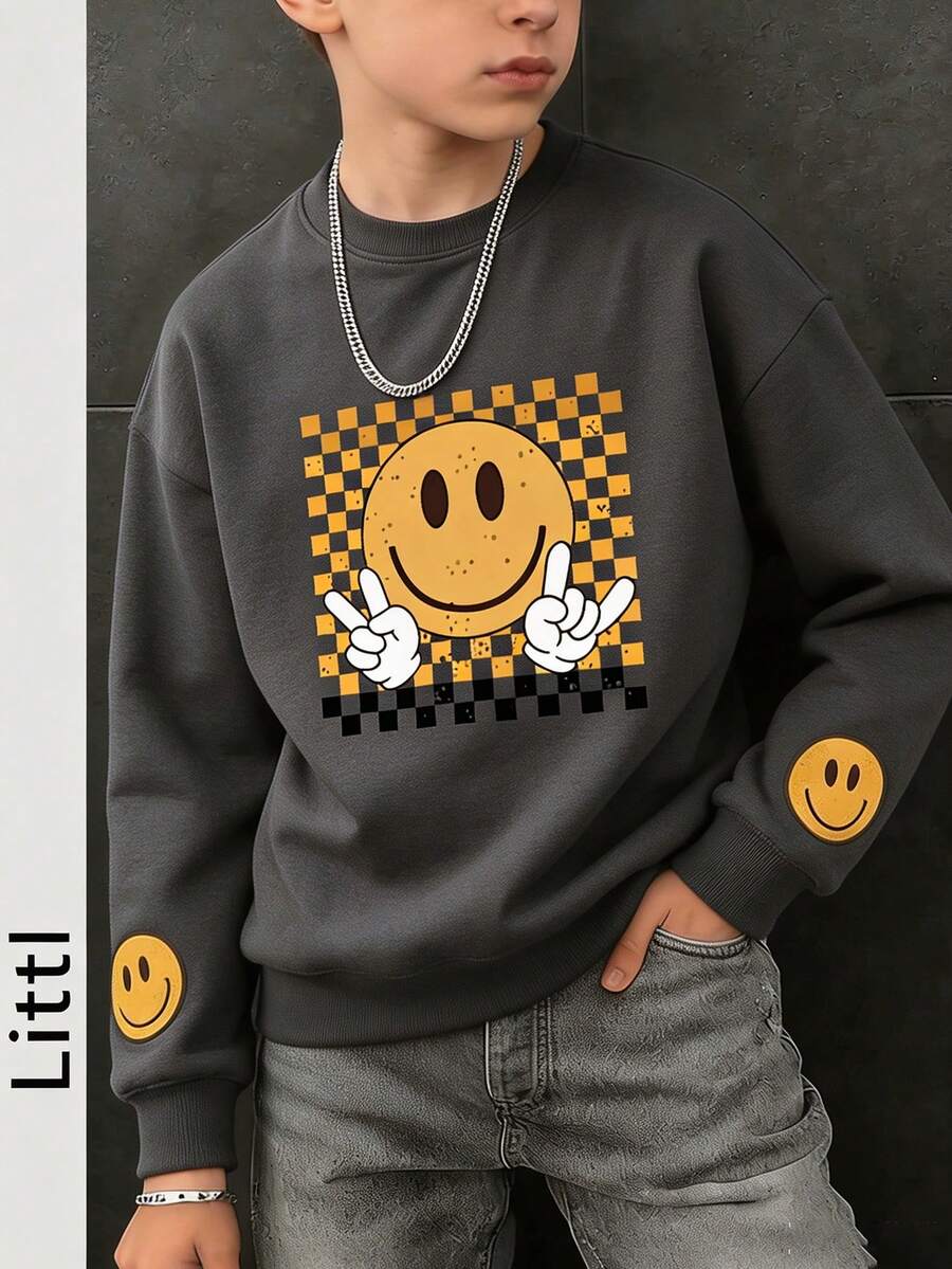 Boys Smile Face Checkerboard Graphic Crew Neck Sweatshirt, Casual Loose Pullover - Dark Grey - View 1