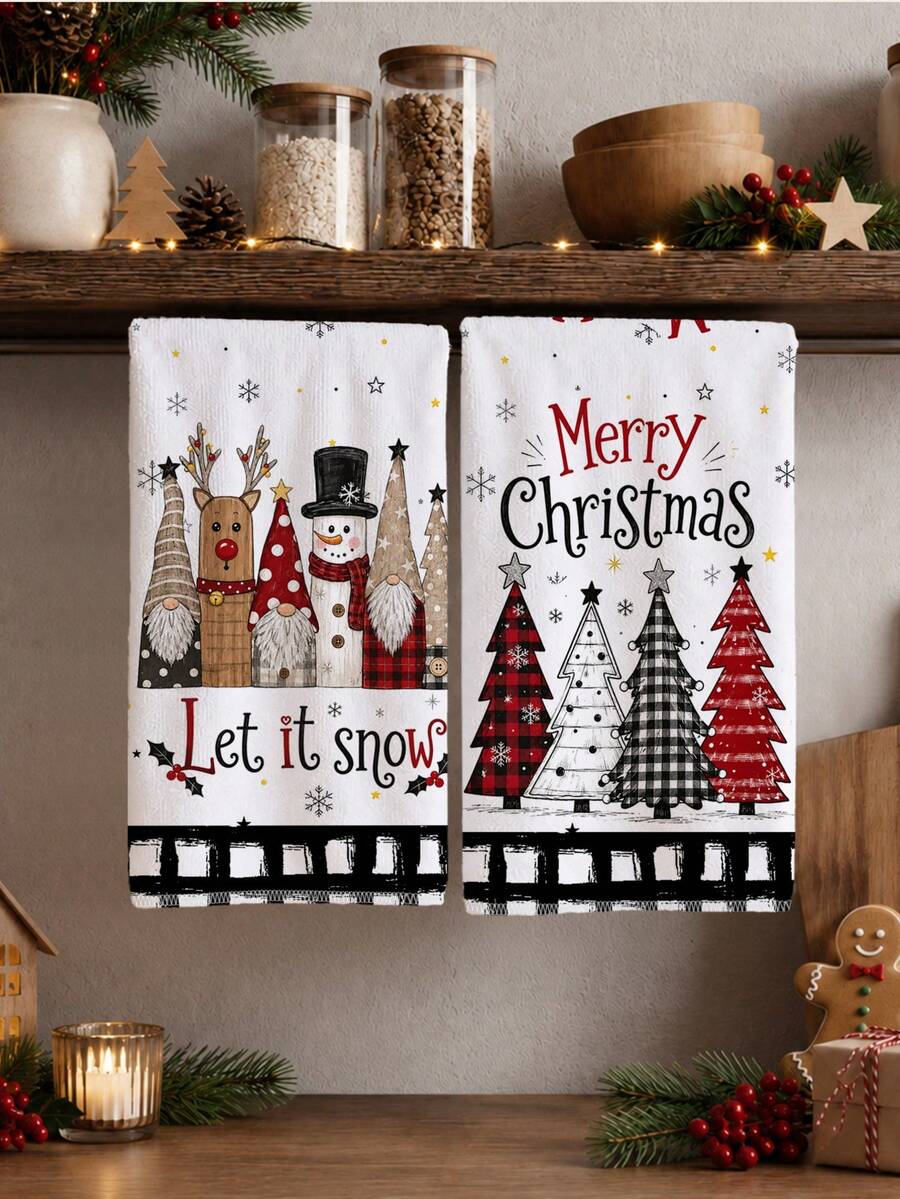 2pcs Christmas Cartoon Reindeer Snowman Christmas Tree Merry Christmas Illustration Pattern Kitchen Towels, Soft Polyester Material Dish Cloths, Suitable For Kitchen Decor, Kitchen Cleaning, Holiday Party Decoration, Kitchen Bathroom Supplies Home Essentials, Home Decor, Housewarming Gift - Multicolor - View 1