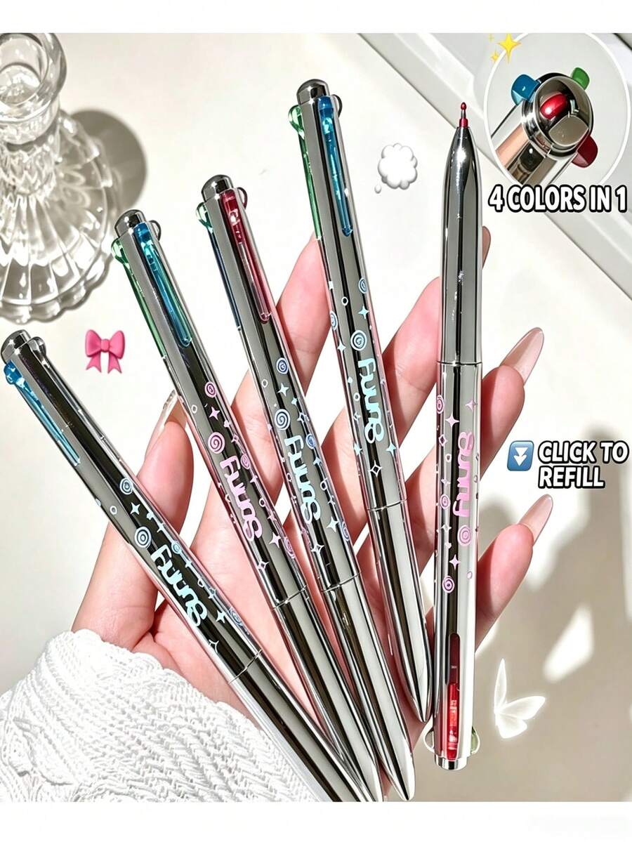 4-In-1 Neutral Pen, 4 Colors In One Pen (Black, Blue, Red, Green), High-Quality Nib, Suitable For Students, Smooth Writing, Applicable For Writing, Marking, Note-Taking. Office Supplies, Back To School Supplies. - 4-color Retractable Pen - View 1