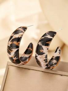 1 Pair Fashionable Vintage Exquisite Asymmetrical Leopard Print C-Shaped Wide Geometric Hoop Earrings, Minimalist High-End Versatile Ear Jewelry For Women's Daily Wear - Earrings - View 2