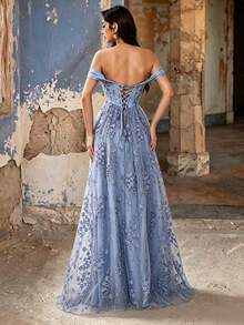 Autumn/Winter Elegant Cold Shoulder Heart-Shaped Neckline Satin Contrast Lace Fitted Corset A-Line Long Bridesmaid Dress, Formal Evening Gown For Party, Wedding Guest, Ball - Dusty Blue - View 6