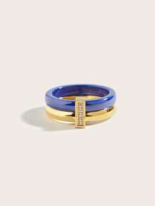 1pc 18K Gold Plated Exquisite Stainless Steel Ceramic Cubic Zirconia Ring, Women's Jewelry, Wedding Party Date Gift - Blue and Gold - View 3