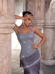 Modphy New Women's Sexy Sleeveless Halter Backless Rhinestone Fashion Fringe Formal Evening Gown, Elegant Formal Evening Dress - Gray Blue - View 3