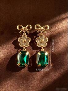 1 Pair Fashion Vintage Luxury Clover Flower Sparkling Rhinestone Colorful Crystal Bow Rectangular Elegant Personalized High-End Earrings - Long Earrings - View 6