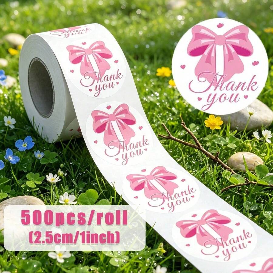 Pink Bow Thank You Stickers, Order Label Sealing Stickers For Handmade/Party Gift Box/Cake Sealing, 1 Inch Self-Adhesive Label Paper Suitable For Convenience Store, Supermarket, Cake Shop, Bakery, Milk Tea Shop, Coffee Shop - Multicolor - View 1