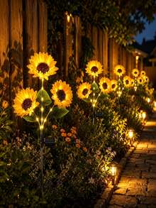 1/2/4PCS Yellow Sunflower Solar Stake Light, 3‑Head LED Flower Landscape Lamp, Waterproof Solar Powered Pathway Light, Outdoor Decor For Garden, Lawn, Pond, Yard, Holiday Party Decoration - Multicolor - View 6