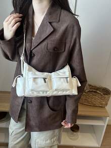 Fashionable Solid Color Multi-Pocket Design Large Capacity Lacquer Texture Women's Shoulder Bag, Suitable For Shopping, Wallet, Shopping, Young Women, College Students, Newcomers, Office Workers. They Are Perfect For Office, University, Work, Business, Commuting, Outdoor Activities, Travel And Outings - White - View 6