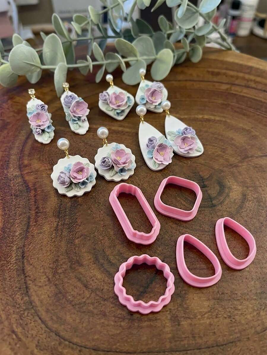 Polymer Clay Cutters, Scalloped Rectangle Diamond Teardrop Shapes, DIY Earring Pendant Handmade Floral Jewelry Making Craft Tools - Pink - View 1