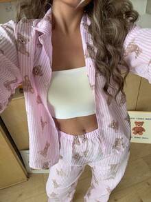 Nina Bonheur 2pcs Women Loose Cardigan Button Bear Print Long Sleeve + Elastic Waist Pants Pajama Set Cute Homewear - Pink - View 6