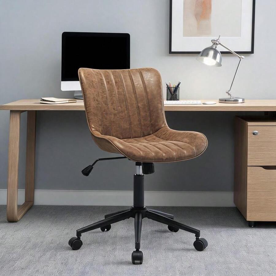 Soft Soft Swivel Entryway Storage Chair – 60 X 63 X 79 Cm Modern Scallop Back Armchair With 360° Rotation, Upholstered Shell Design For Bedroom, Vanity, Lounge, Office - Brown - View 1