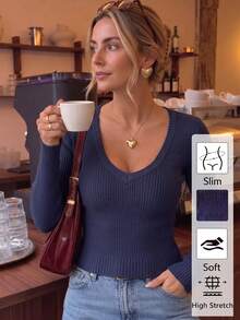1pc Women's Royal Blue Solid Color Ribbed Deep V-Neck Slim Fit Knit Sweater, Minimalist Long Sleeve Pullover Knit Top Fall - Royal Blue - View 2