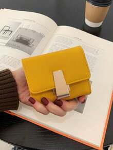 Elegant Textured PU Card Wallet For Women, Gold Metal Buckle Closure, Slim Bifold Flap Design, Small Credit Card Holder Purse - Yellow - View 2