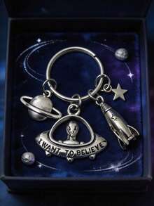 1pc New Silver Alien UFO Keychains Set, I Want To Believe Space Planet Rocket Star Charm, Key Rings, Car Bag Pendant, Sci Fi Holiday Gift - Multicolor - View 1