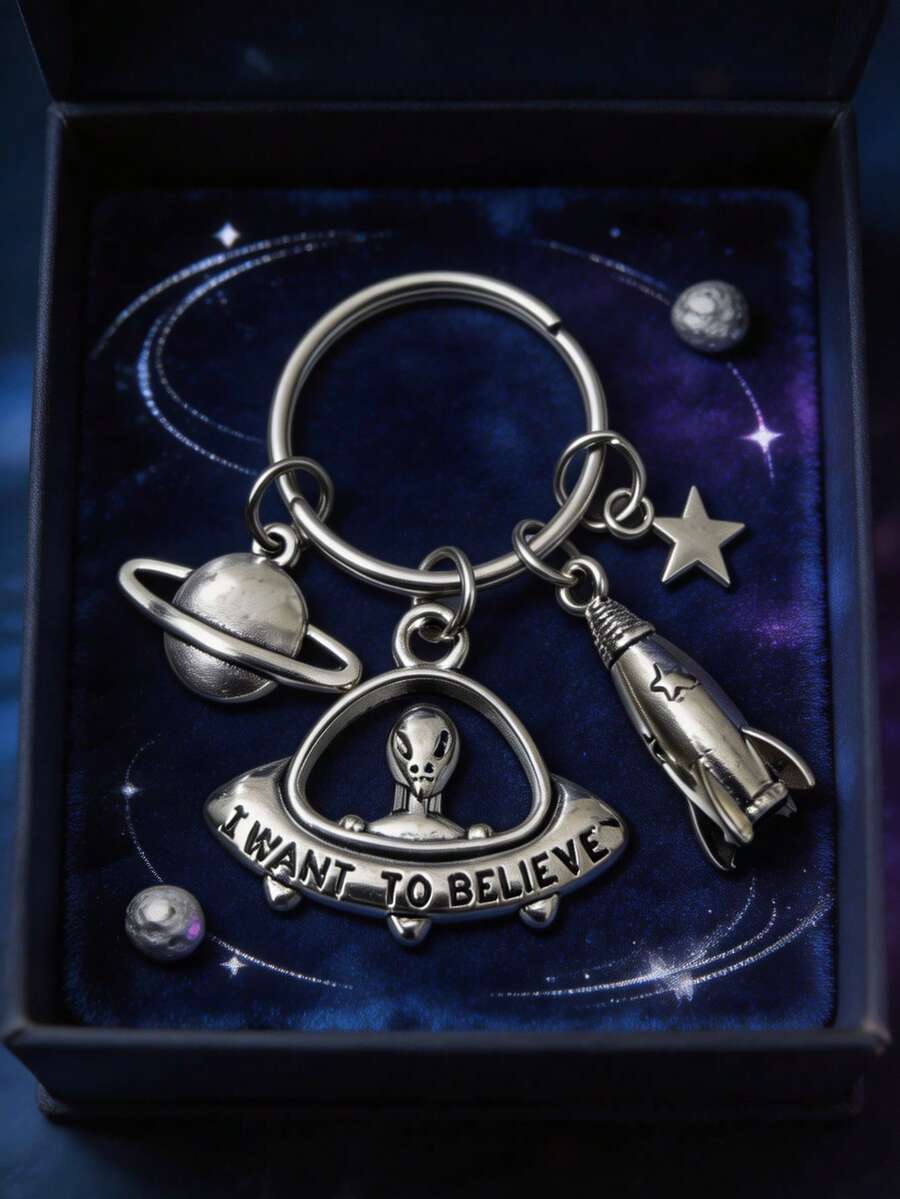 1pc New Silver Alien UFO Keychains Set, I Want To Believe Space Planet Rocket Star Charm, Key Rings, Car Bag Pendant, Sci Fi Holiday Gift - Multicolor - View 1