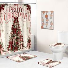 Set Dekorasi Kamar Mandi Natal Motif Pohon Natal Pita 1pc/4pcs Multifungsi, Tirai Kamar Mandi dengan 12 Kait Gratis, Keset Lantai Bentuk U dan Penutup Dudukan Toilet Bulat, Premium, Suasana Meriah, Cocok untuk Semua Dekorasi Ruangan - Pohon Natal dengan Pita - View 7