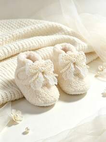 Infant Warm Plush Shoes Comfortable Bow Girl Newborn Soft Cute Adjustable Infant Boots - White - View 3