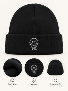 1pc Fashion Couple Melting Dripping Smiling Face Embroidered Knit Hat, Soft Rolled Edge Winter Skull Cap, Stretchy Comfortable Warm Street Style Beanie, Suitable For Autumn/Winter Daily Wear And Outdoor Warmth - Melting Drip  Face Style - View 8