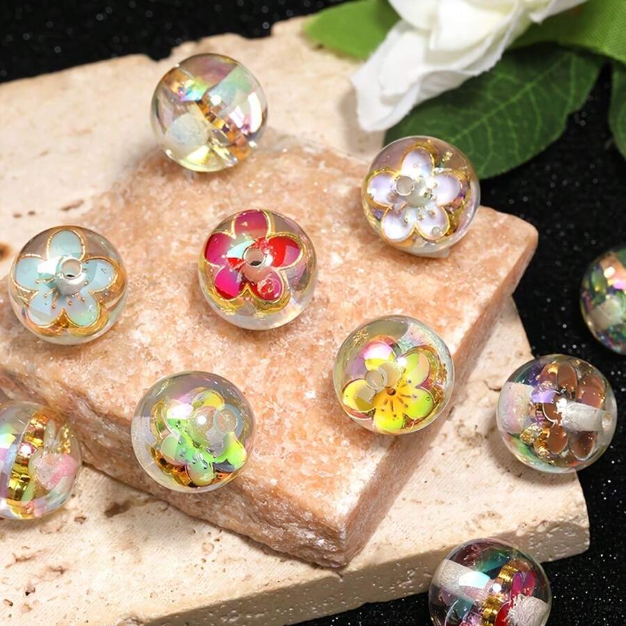 10顆透明內嵌花瓣珠，隨機混色，適用於DIY串珠筆、手機鍊、項鍊、鑰匙圈及其他配件材料 - 彩色 - 查看 1