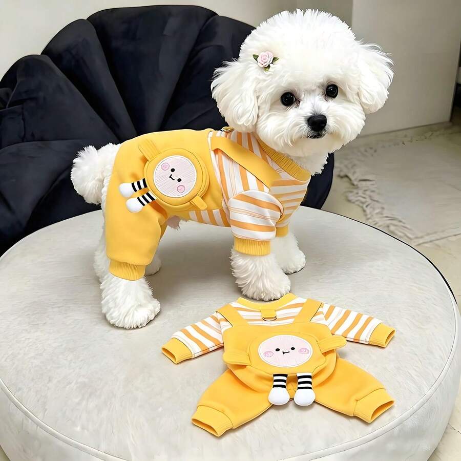 1PC Cute Pet Jumpsuit Autumn/Winter Cat/Dog Yellow Striped Clothes Soft, Breathable, Comfortable Pet Clothing Hoodie - Yellow - View 1