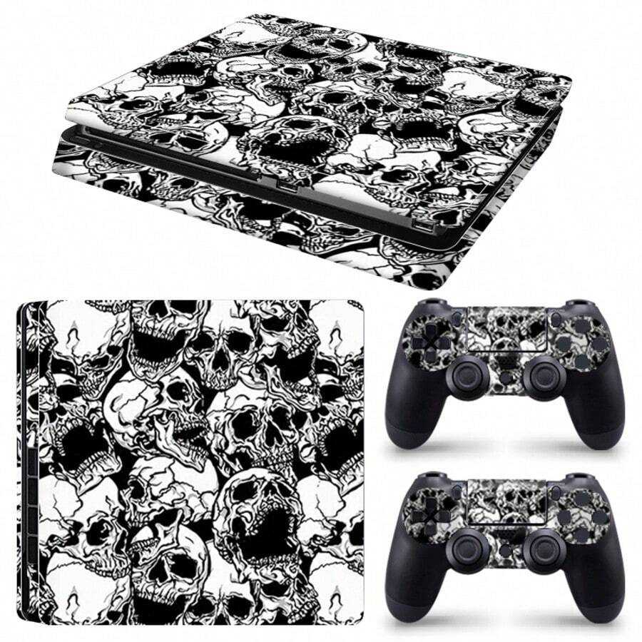 Slim Sticker Set, Black & White Skull Pattern Waterproof Scratch-Resistant Self-Adhesive Vinyl Game Console Skin, Removable No Residue, Includes Full Console + 2 Controller Decorative Stickers - View 1
