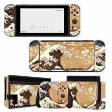 Switch Sticker Set, Black & Gold Ukiyo-E Wave Pattern, Waterproof Scratch-Resistant Self-Adhesive Vinyl Game Console Skin, Removable No Residue, Full Set Console + Joy-Con Controller Decorative Film - View 10