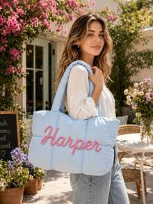 1pc Personalized Customized Cloud Quilted Tote Bag, Large Capacity Quilted Shoulder Handbag, Suitable For Daily Use, Perfect Customized Gift For Women - Multicolor - View 2