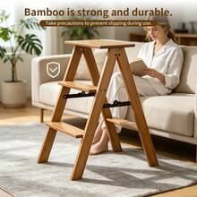 UBRAVOO 3-Step Folding Ladder Stool For Adults – 3-Tier Bamboo Ladder With Wide Steps – Multifunctional Folding Chair-Ladder – Suitable For Kitchen, Home Study, Or Living Room Plant Stand (Brown) - Wood Grain - View 3