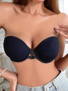 Women's Ruched Bra, Front Closure Strapless Underwire Bra, Heart-Shaped Cup, Backless Lingerie, Non-Slip Bandeau Bra, Adjustable Straps - Black - View 5