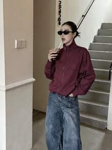 Jaket Wanita Musim Gugur Model Baru dengan Resleting dan Lengan Raglan - Burgundy - View 5