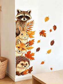 Autumn Forest Small Animal Vertical Wall Decor Stickers, Raccoon Rabbit Fox Hedgehog Autumn Leaves Pine Cone Creative Fun Patterns, Easy To Apply And Remove High-Quality Glue-Free Film, Fall Autumn Atmosphere Decorative Stickers, Can Beautify Walls, Kitchen, Bathroom, Floor-To-Ceiling Windows, Freely Unleash Your Imagination To Create A Healing Autumn Home Space - Multicolor - View 1