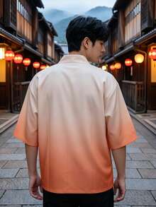 男士復古漸層日式和服印花開襟衫襯衫 100% 聚酯纖維輕量寬鬆無領設計 春夏秋防曬披肩 - 橘色 - 查看 5
