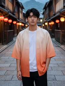 男士復古漸層日式和服印花開襟衫襯衫 100% 聚酯纖維輕量寬鬆無領設計 春夏秋防曬披肩 - 橘色 - 查看 6