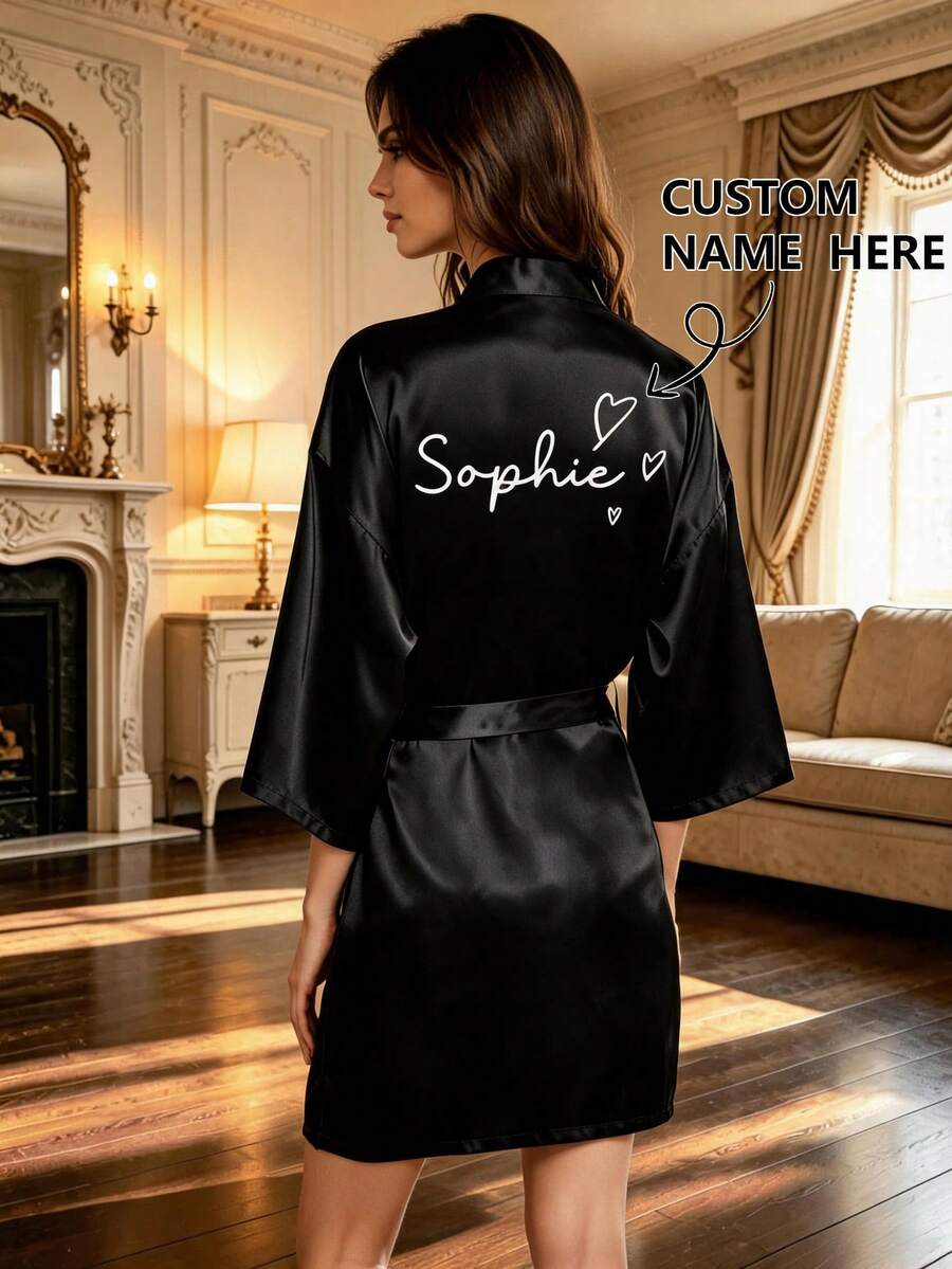1pc Women's Personalized Kimono Robe With Custom Text And Black Heart Print, Bridal Party Sleepwear Bathrobe - Multicolor - View 1