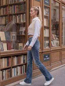 1pc Solid Color Elegant Casual Denim Cat Whisker Pattern Low Waist Jeans, Wide Leg Flare Pants, Suitable For School, Office, Back To School, Party, Boots - Blue - View 5