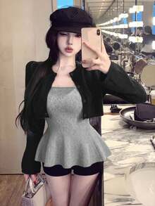 2026 Autumn/Winter Sexy Rich Girl Style 2-Piece Knit Set, Cropped Round Neck Cardigan + Waist-Cinching Ruffle Strap Bustier Tank Top, Suitable For New Year, Outings, Commuting, Dating Sweater Top - Dark Grey - View 1