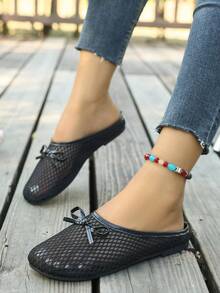 Breathable Mesh Minimalist One-Piece Bowknot Slippers Women's Sandals - Black - View 6