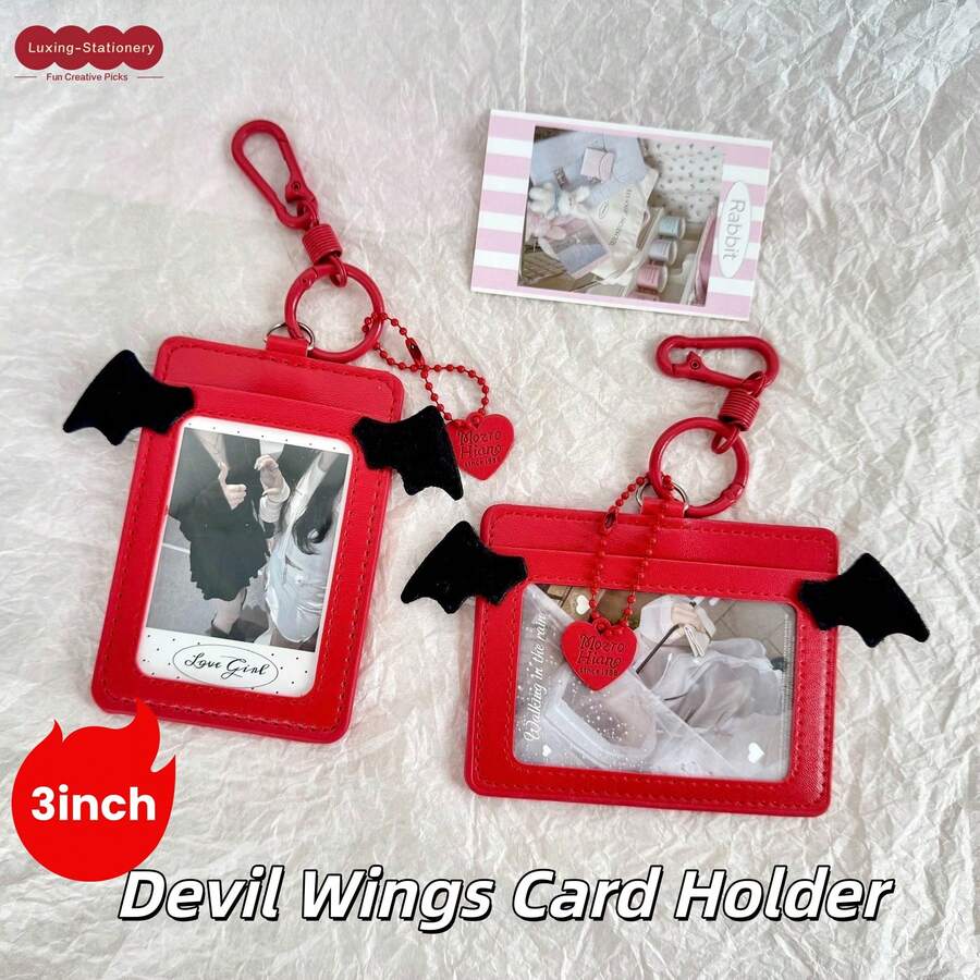Red Devil Wings 3-Inch Leather Card Holder, 2 Slots, Korean Style, For ID Card, Access Card, Small Card, Campus Card, Halloween Gift - A - View 1