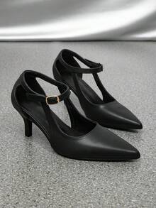 Fashionable European And American Style Hollow Design One-Strap Pointed Toe Closed Toe Stiletto Heel T-Strap High Heel Slingback Pumps For Women, Black Versatile Wedding Party Casual Wear - Black - View 6