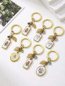 1 móc khóa hoa vintage bằng thép không gỉ trang trí mùa thu, vòng treo chìa khóa charm hoa tráng men kèm mặt dây lá và pha lê, phụ kiện trang trí túi xách dễ thương cho nữ - móc khóa - Xem 1