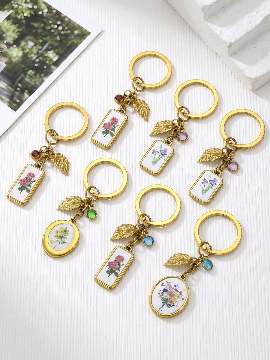 1 móc khóa hoa vintage bằng thép không gỉ trang trí mùa thu, vòng treo chìa khóa charm hoa tráng men kèm mặt dây lá và pha lê, phụ kiện trang trí túi xách dễ thương cho nữ - móc khóa - Xem 1