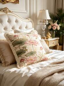 1PC French Elegant Printed Pillow Cover With Tassel Border, Double-Sided Decorative Pillowcase, Pink Lotus Design Pattern, Home Decoration, Sofa, Bed, Bedroom(Excluding Pillow Core)-Size Excludes 3cm Tassels - Multicolor - View 9
