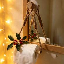 1/2pcs Rope Paper Towel Holder, Solid Wood Woven Towel Rack, Face Towel Storage Rack, No-Drill Creative Toilet Paper Holder, Elegant Practical Bathroom Toilet Paper Rack, Bathroom Accessories - Apricot - View 2