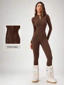 NcmRyu Women's 1pc Solid Color Zipper Small Stand Collar Exposed Seam Long Sleeve Long Pants Jumpsuit, Autumn/Winter - Chocolate Brown - View 5