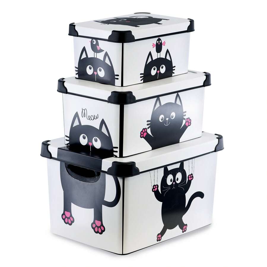 Geezy Decorative Storage Boxes With Lids Set Of 3 (22, 10, 5L) - Nesting Stackable Plastic Containers With Handles, Bedroom, Office, Wardrobe, Garage - Cute Cat Theme For Toys, Clothes, Home, Files - View 1