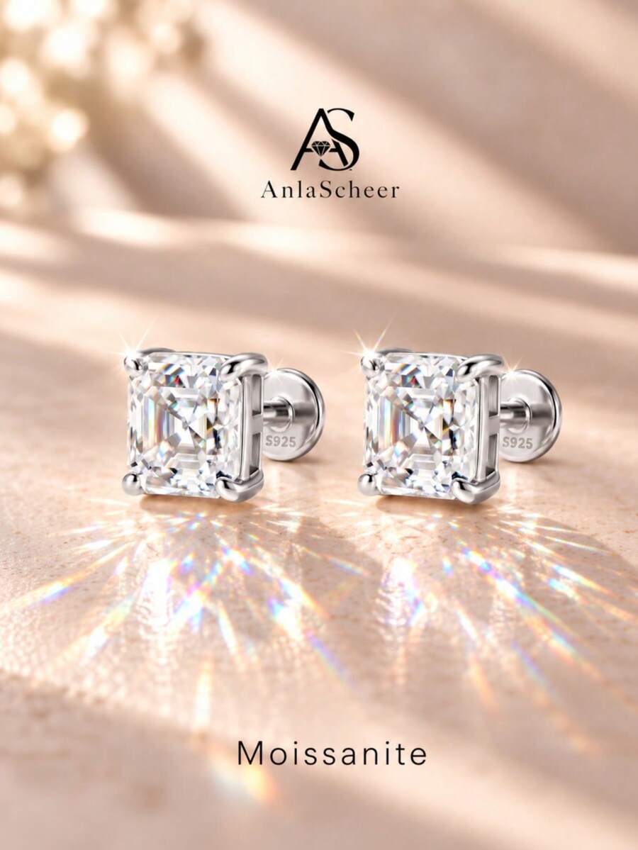 AnlaScheer 1pc Silver Tone 925 Sterling Silver Classic 1ct Square Moissanite Jewelry, Hypoallergenic Accessory, Suitable For Women's Daily, Party, Wedding